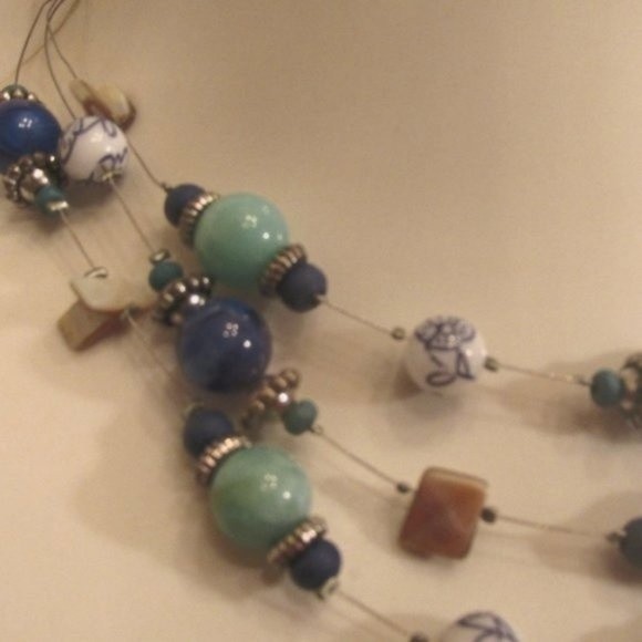 Layered Glass Genuine Stones MOP Stainless Steel Floating Necklace - Picture 7 of 12